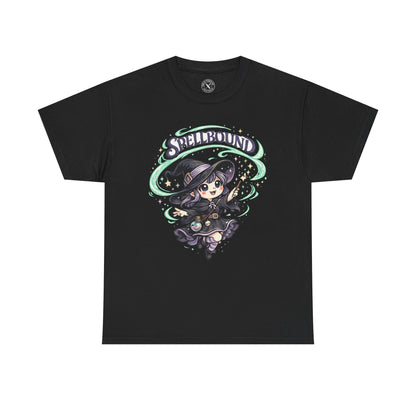 Spellbound charcoal graphic t-shirt with cute anime witch in dark outfit and teal magical swirl design