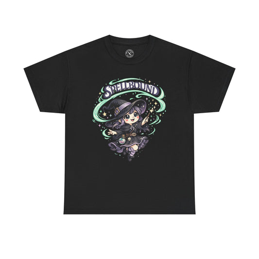 Spellbound charcoal graphic t-shirt with cute anime witch in dark outfit and teal magical swirl design
