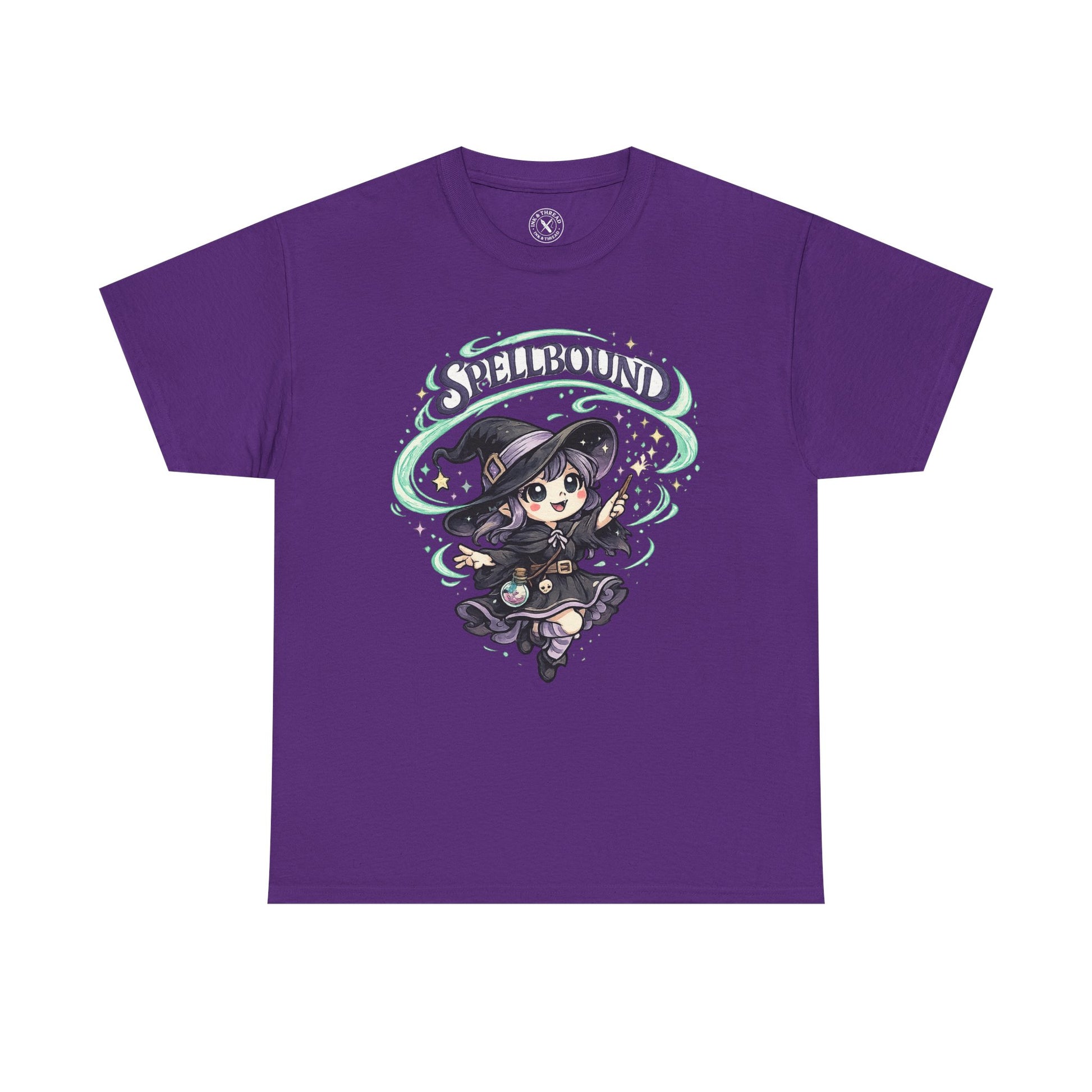 Spellbound purple graphic t-shirt with cute anime witch in dark outfit holding magic wand and green swirls