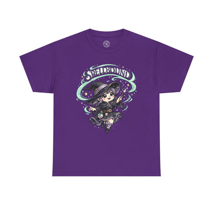 Spellbound purple graphic t-shirt with cute anime witch in dark outfit holding magic wand and green swirls