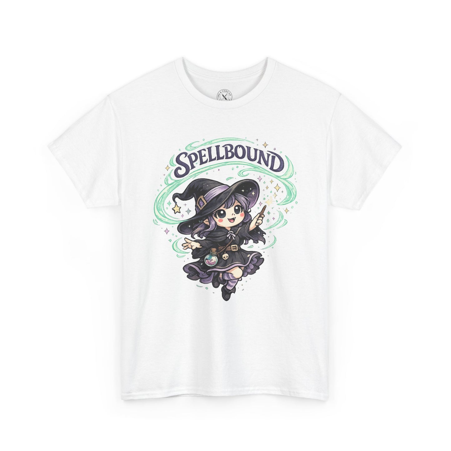 Spellbound white graphic t-shirt with cute anime witch in purple outfit and magical green swirl design