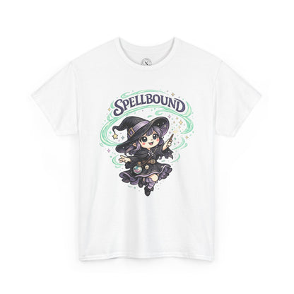 Spellbound white graphic t-shirt with cute anime witch in purple outfit and magical green swirl design