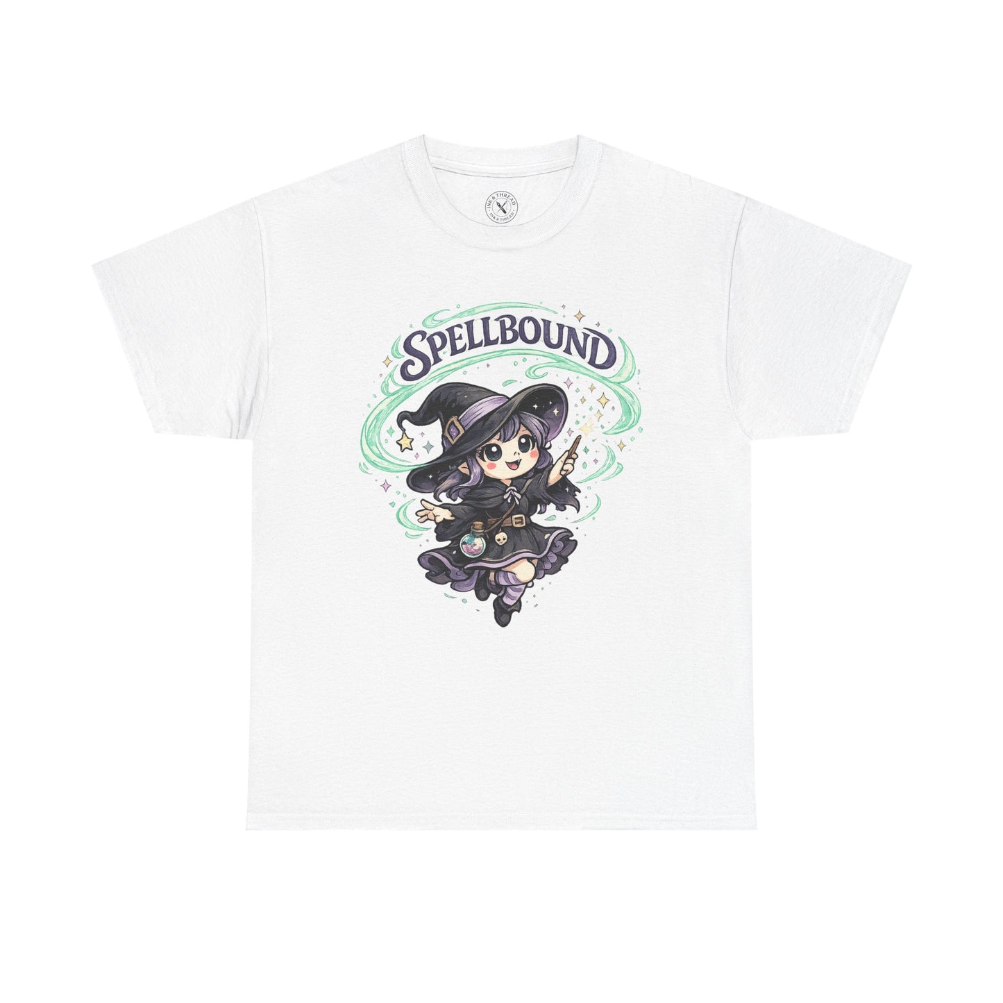 Spellbound white t-shirt with pastel anime witch in purple outfit flying with wand and green sparkle swirls