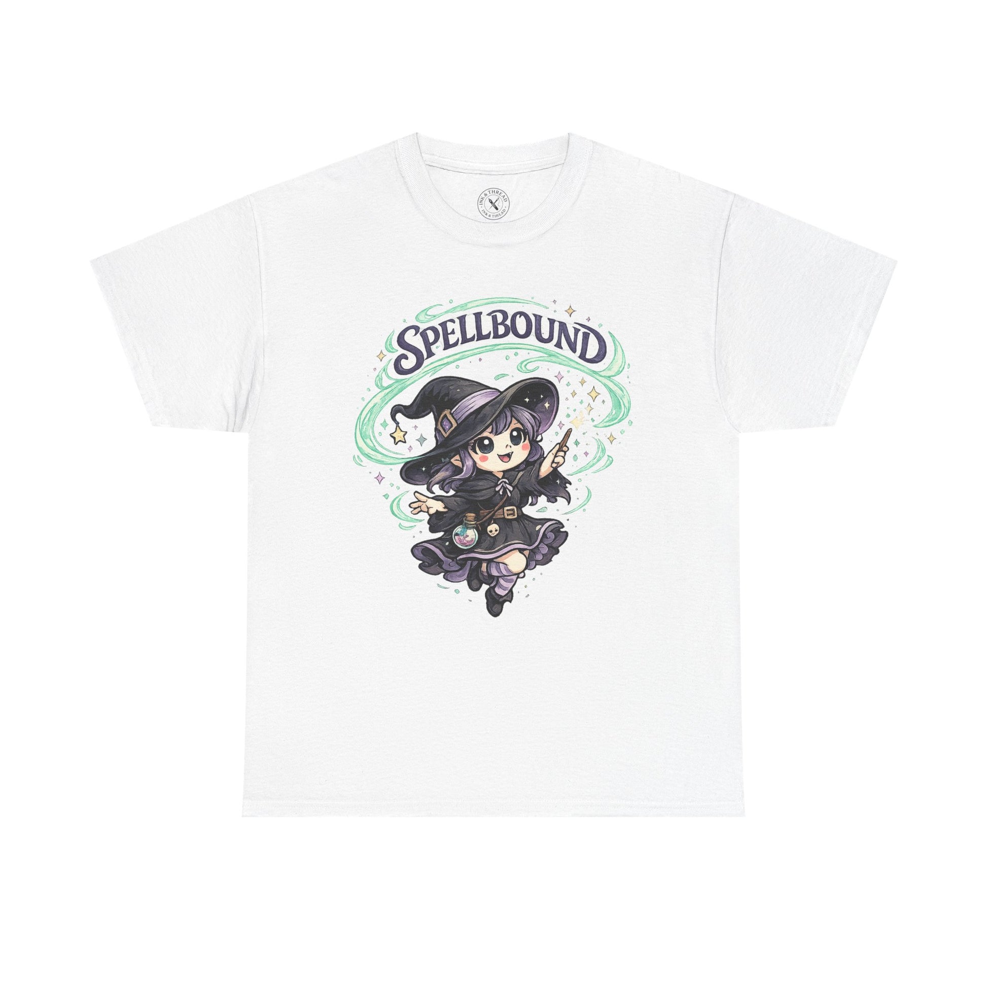 Spellbound white t-shirt with pastel anime witch in purple outfit flying with wand and green sparkle swirls