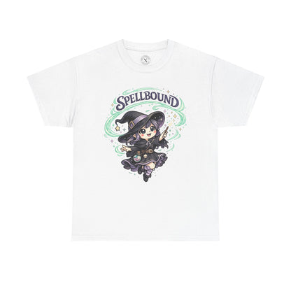 Spellbound white t-shirt with pastel anime witch in purple outfit flying with wand and green sparkle swirls