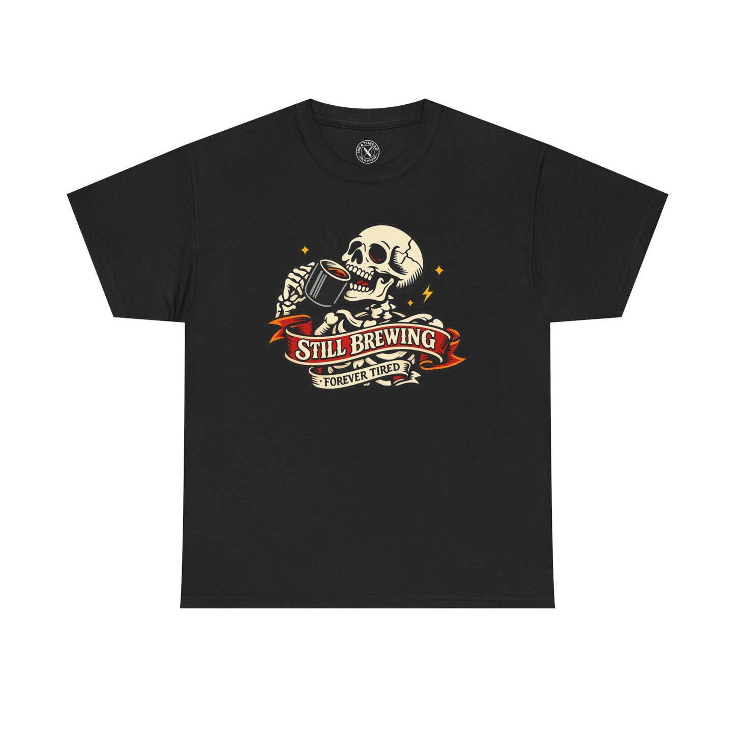 Black t-shirt with a skull and beer mug graphic and 'Still Brewing Forever Tired' text on a white background.