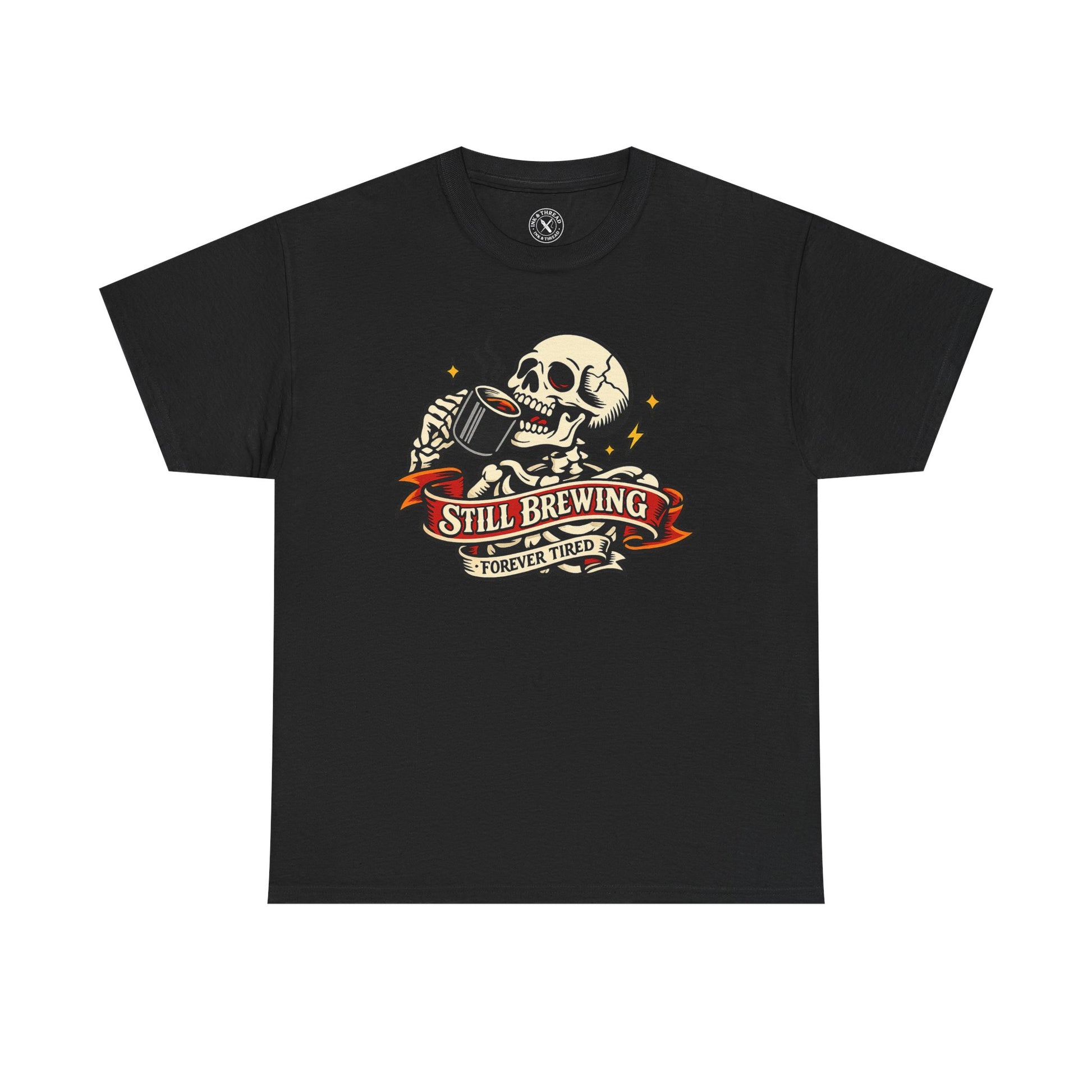 Black t-shirt with a skull and beer mug graphic and 'Still Brewing Forever Tired' text on a white background.