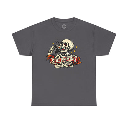 Charcoal grey t-shirt with a skull and coffee cup graphic and Still Brewing Forever Tired text on a white background