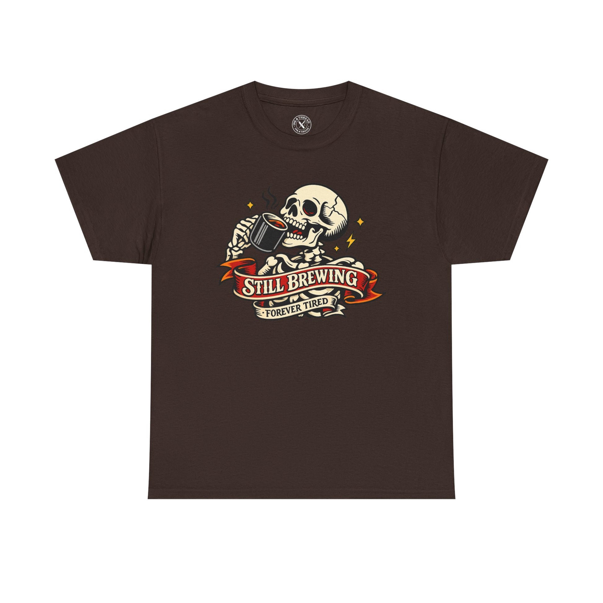 "Still Brewing Forever Tired" skull graphic t-shirt in dark brown, Ink & Thread