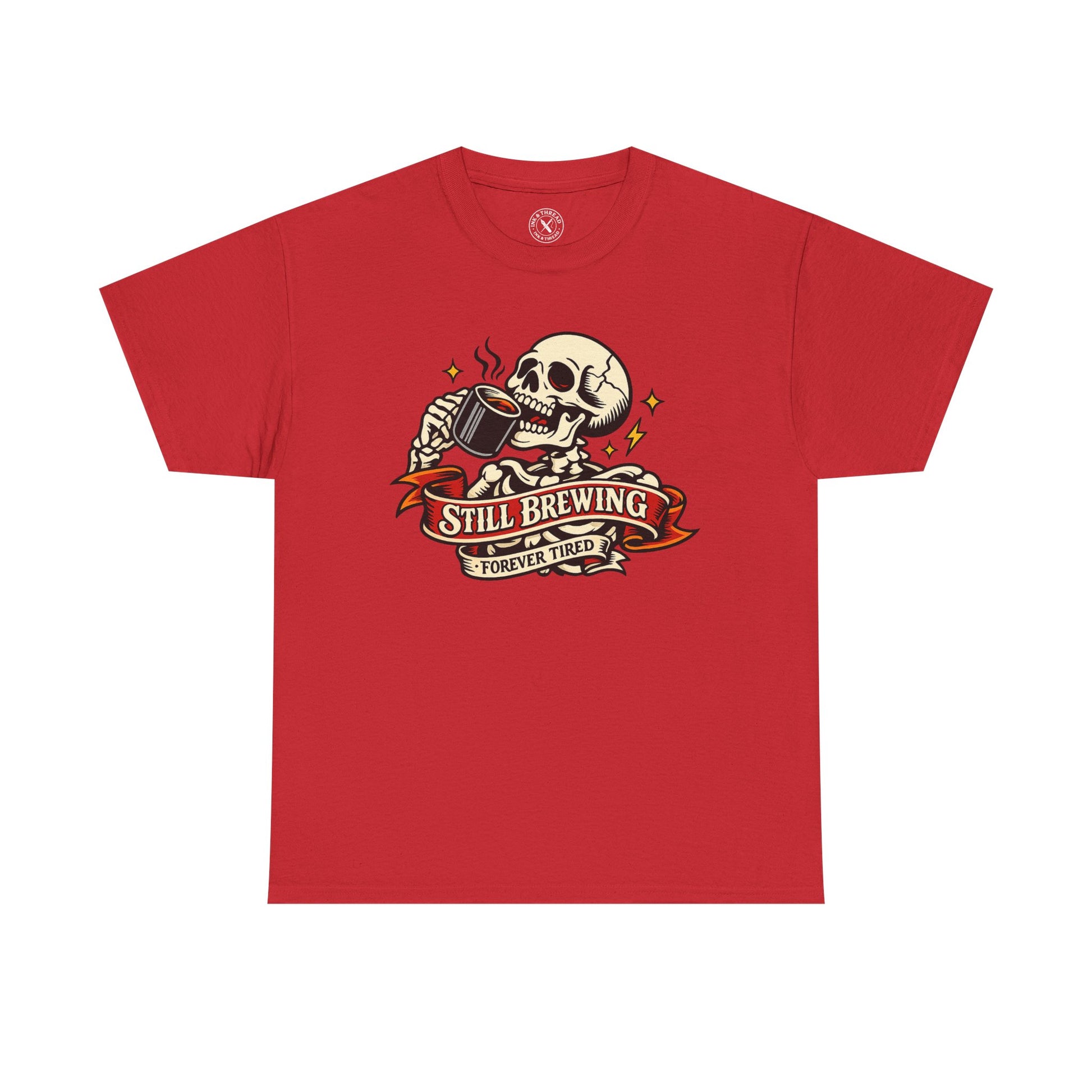 "Still Brewing Forever Tired" skull-and-crossbones graphic t-shirt in red, Ink & Thread