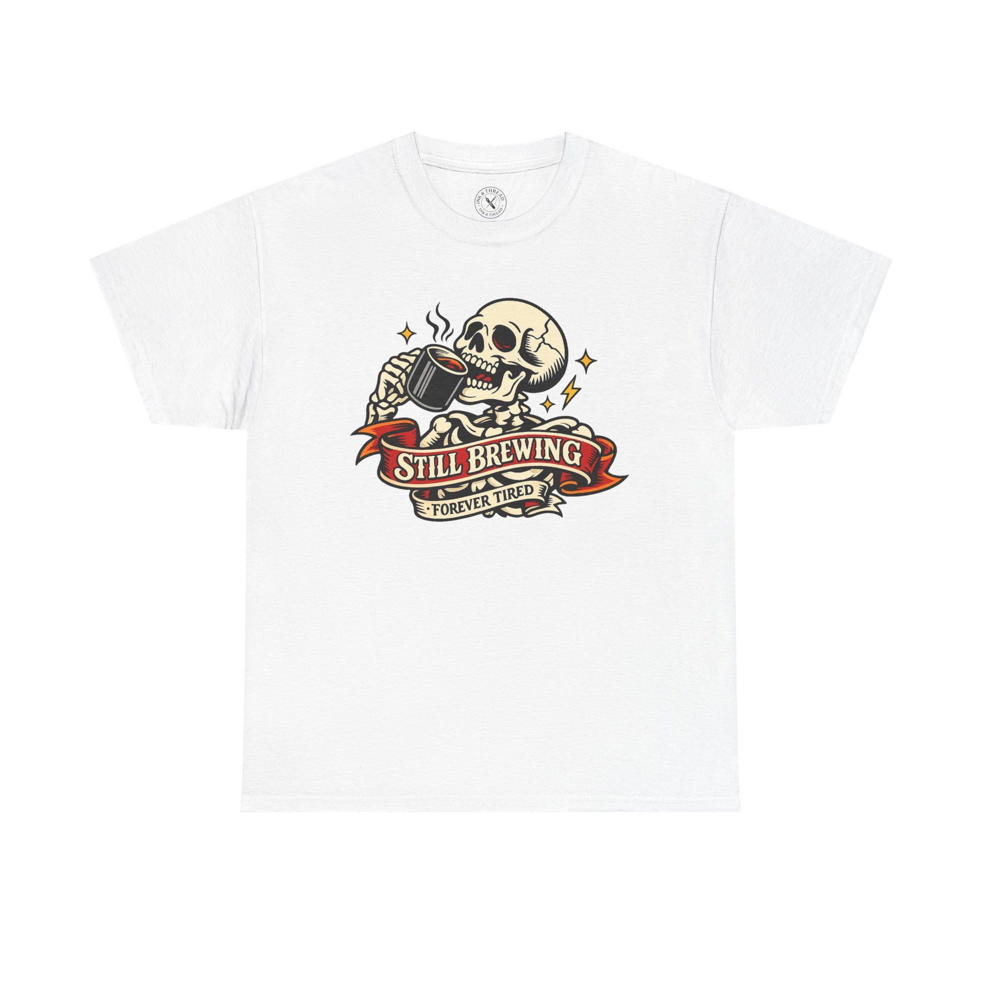 "Still Brewing Forever Tired" skull graphic t-shirt in white, Ink & Thread