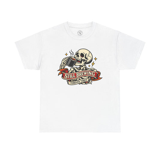 "Still Brewing Forever Tired" skull graphic t-shirt in white, Ink & Thread
