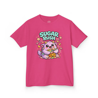 Hot pink Sugar Rush graphic t-shirt featuring a cute fluffy cat with Halloween candy and pumpkin design by Ink & Thread UK
