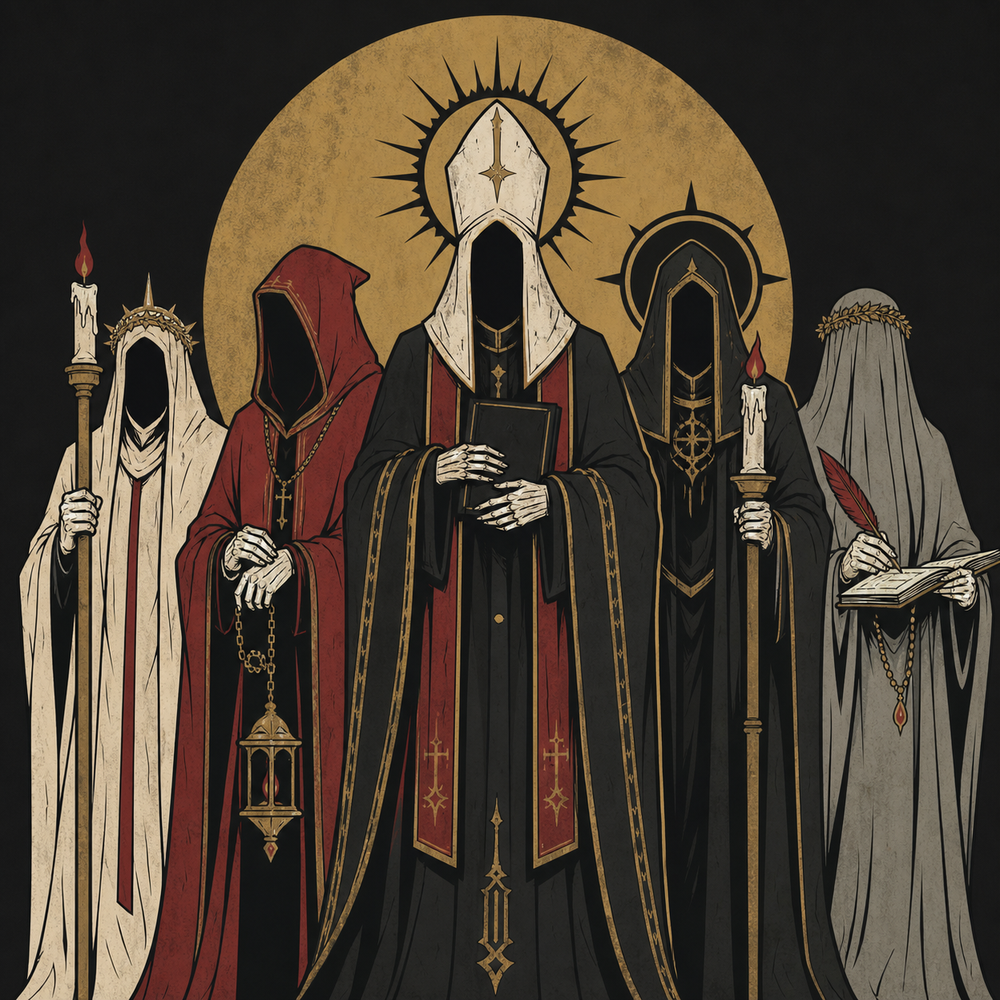 Flat Hollow Ones figures gathered like a dark parish procession.