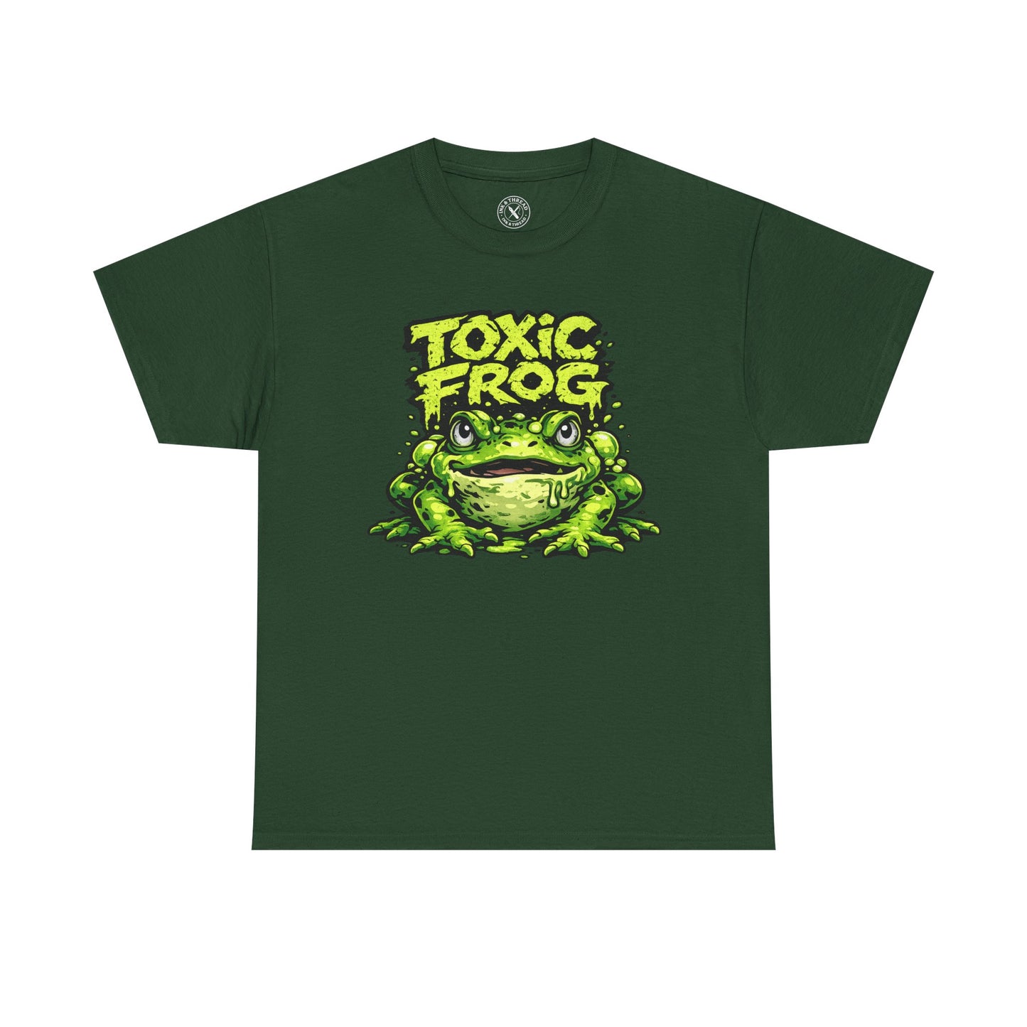 Forest green Toxic Frog graphic t-shirt featuring a bold cartoon frog design by Ink & Thread UK