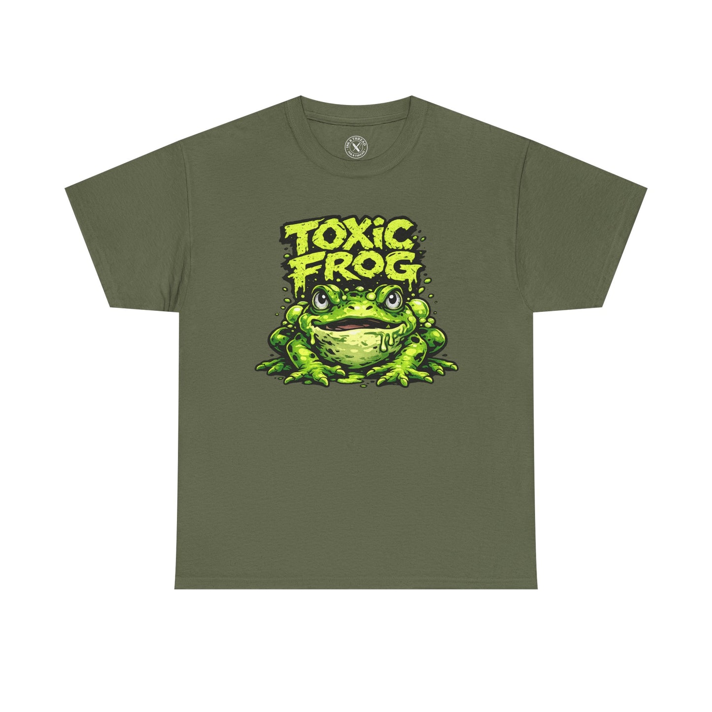 Olive green Toxic Frog graphic t-shirt featuring a bold cartoon frog design by Ink & Thread UK