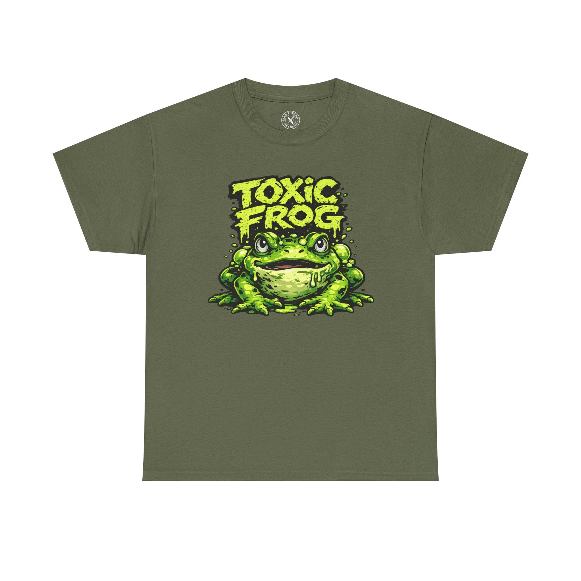 Olive green Toxic Frog graphic t-shirt featuring a bold cartoon frog design by Ink & Thread UK
