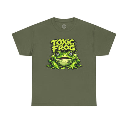 Olive green Toxic Frog graphic t-shirt featuring a bold cartoon frog design by Ink & Thread UK