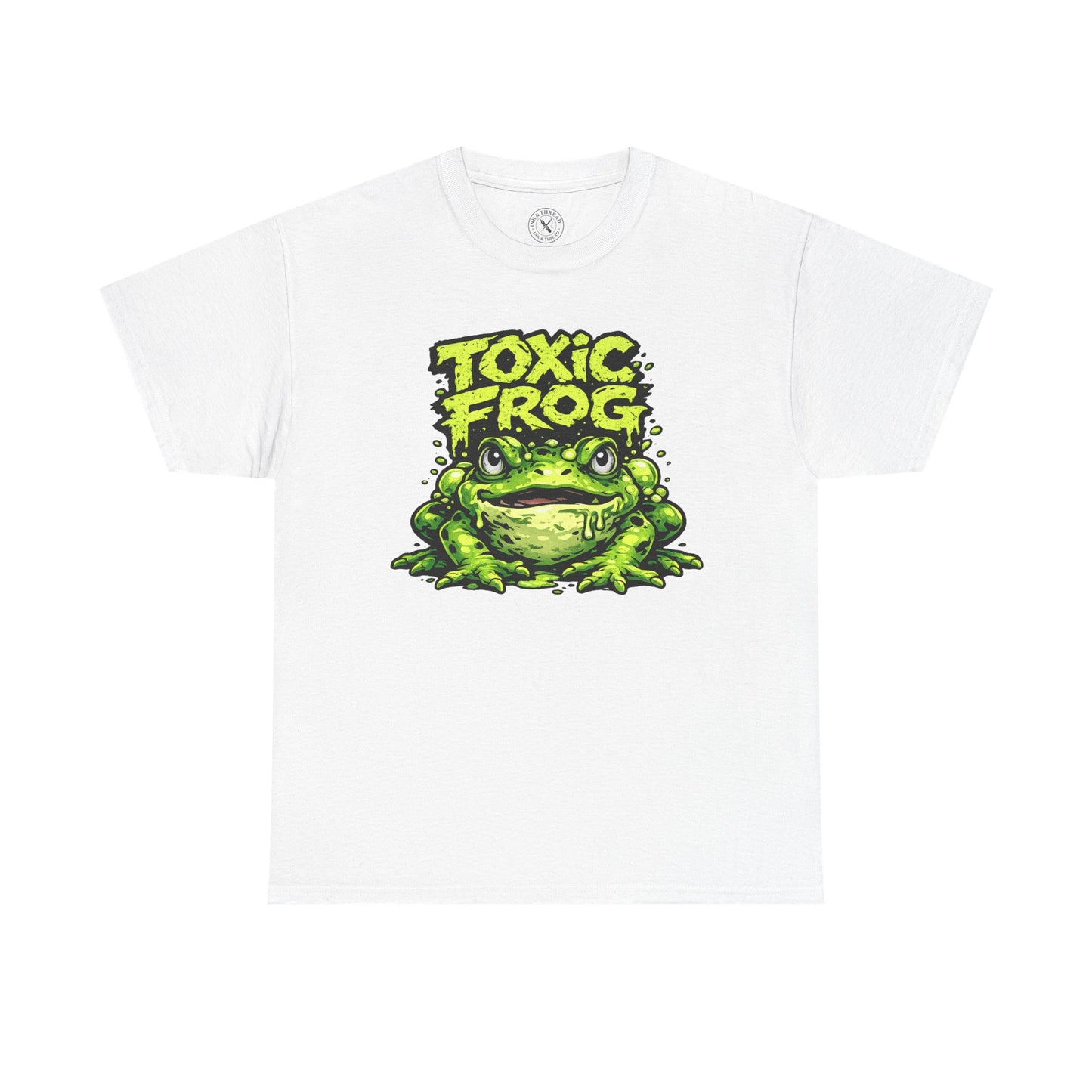 White Toxic Frog graphic t-shirt featuring a bold cartoon frog design by Ink & Thread UK