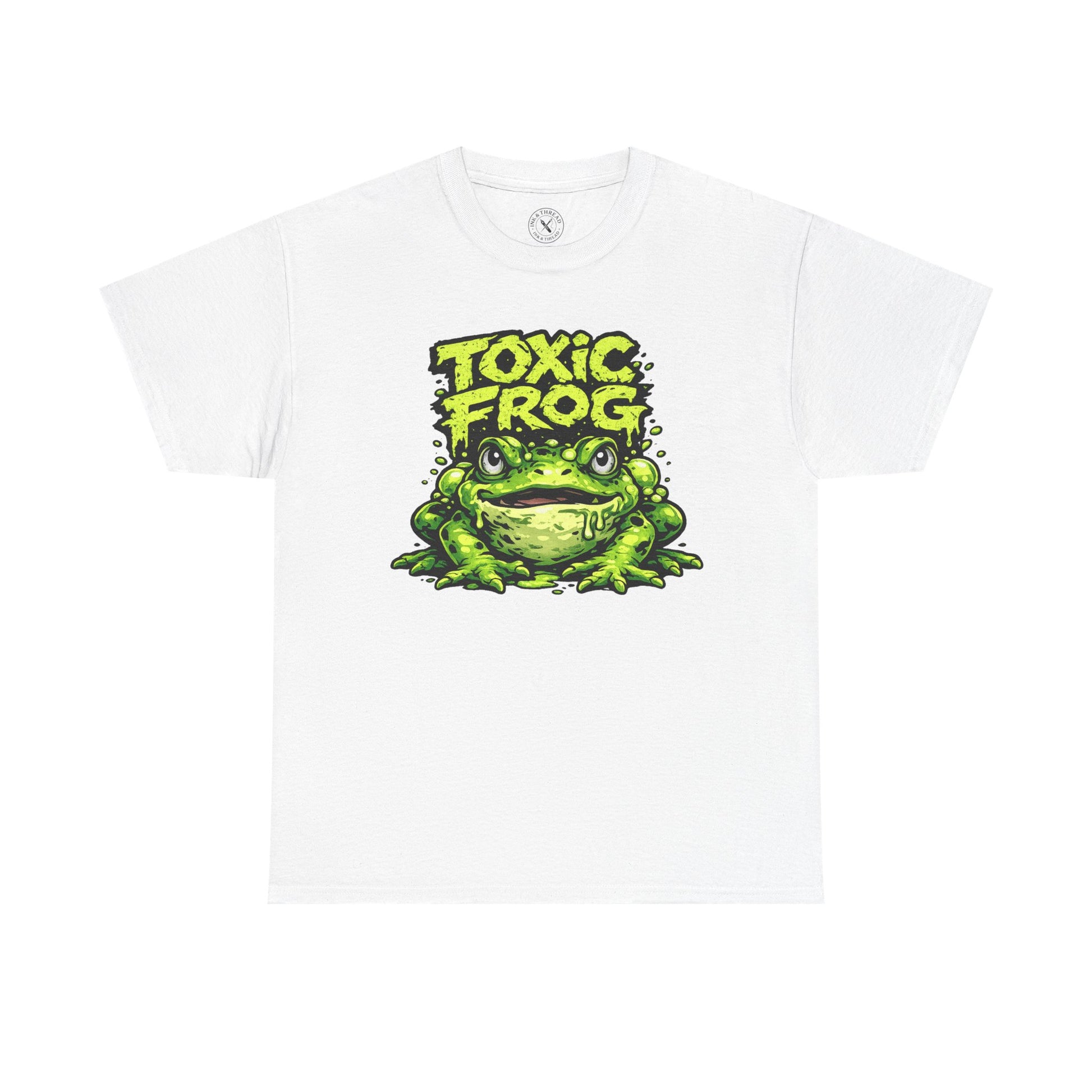 White Toxic Frog graphic t-shirt featuring a bold cartoon frog design by Ink & Thread UK
