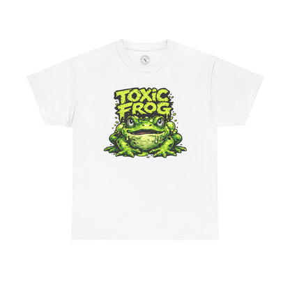 White Toxic Frog graphic t-shirt featuring a bold cartoon frog design by Ink & Thread UK