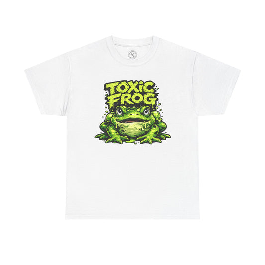 White Toxic Frog graphic t-shirt featuring a bold cartoon frog design by Ink & Thread UK
