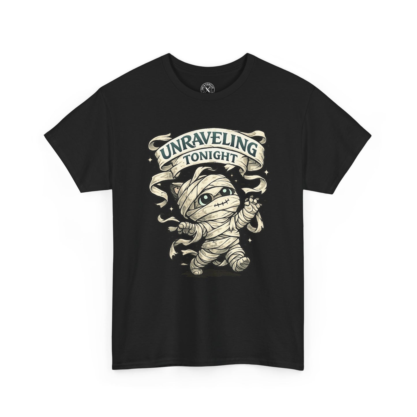 Unraveling Tonight black graphic t-shirt featuring a cute mummy character with bandages and ribbon banner design