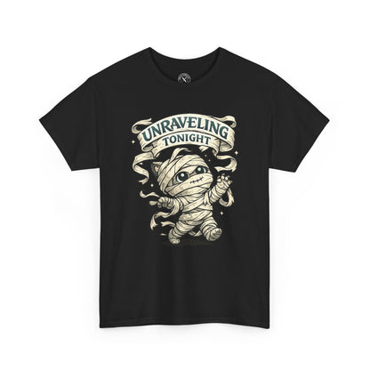 Unraveling Tonight black graphic t-shirt featuring a cute mummy character with bandages and ribbon banner design