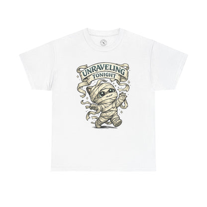 Unraveling Tonight Mummy Halloween T-Shirt in Light - Cute Mummy Character Design Unisex Tee