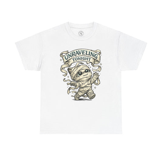 Unraveling Tonight Mummy Halloween T-Shirt in Light - Cute Mummy Character Design Unisex Tee