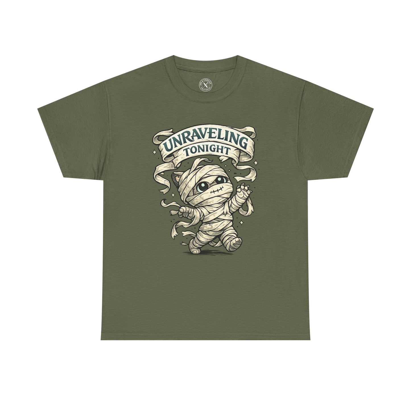 Unraveling Tonight olive green graphic t-shirt with cute mummy character wrapped in bandages and vintage scroll banner