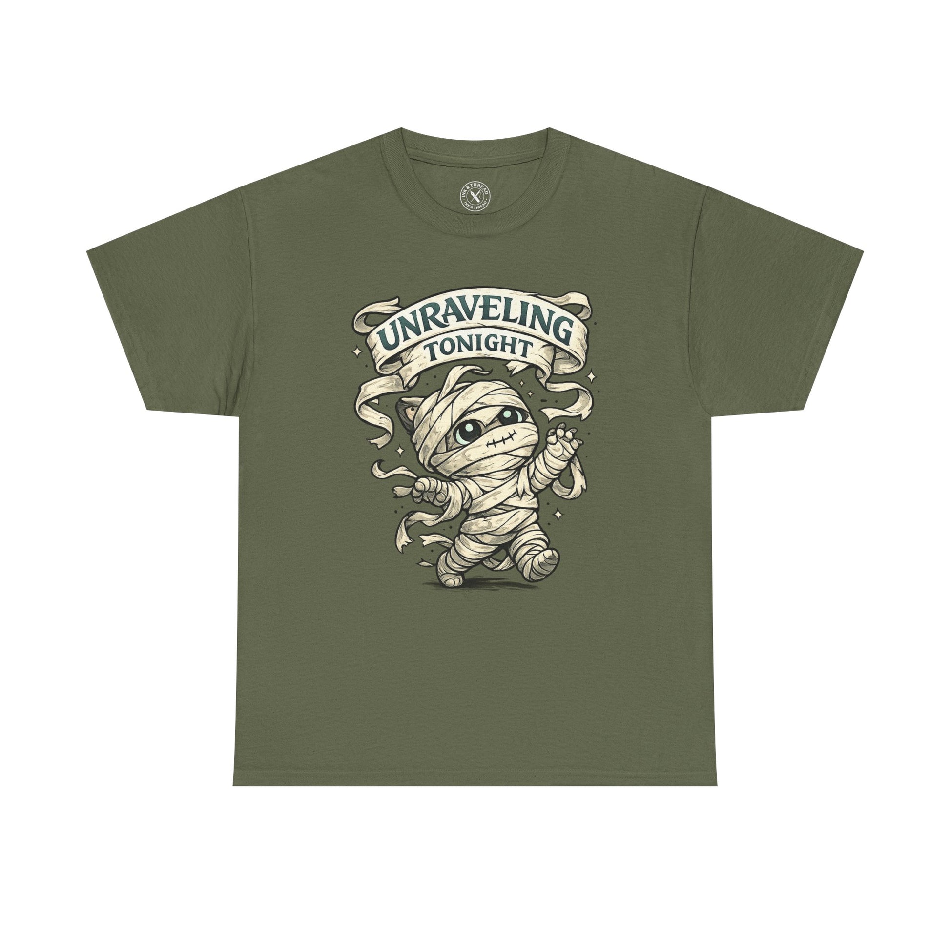 Unraveling Tonight olive green graphic t-shirt with cute mummy character wrapped in bandages and vintage scroll banner