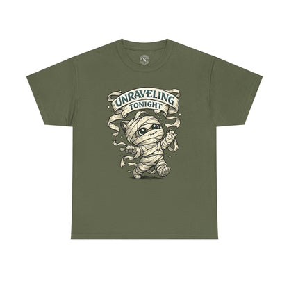 Unraveling Tonight olive green graphic t-shirt with cute mummy character wrapped in bandages and vintage scroll banner