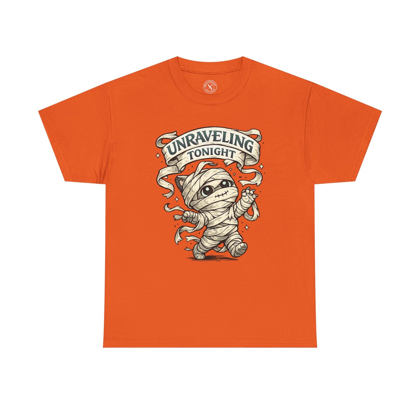 Unraveling Tonight orange graphic t-shirt with cute mummy character wrapped in bandages and vintage scroll banner