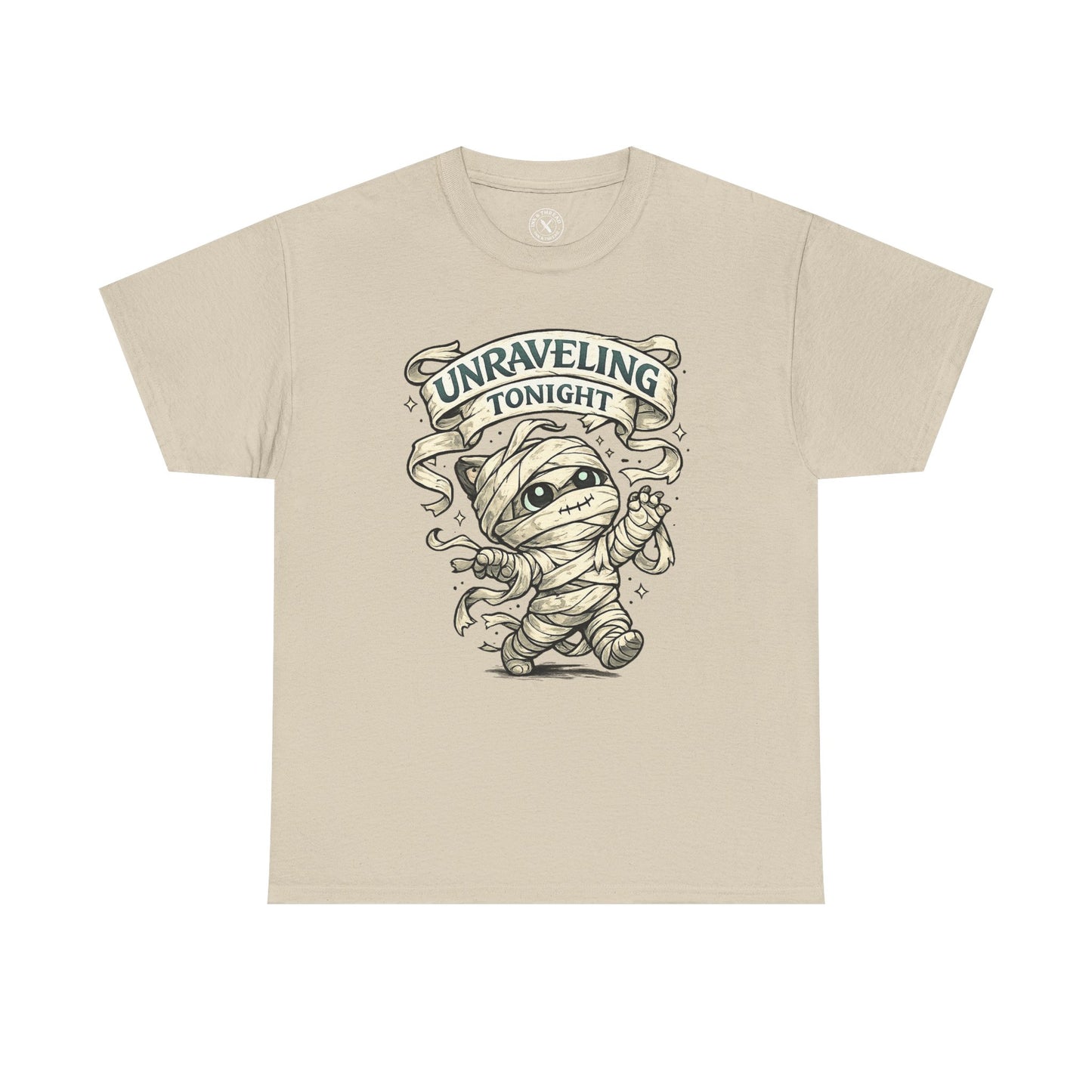 Unraveling Tonight sand beige graphic t-shirt with cute mummy character wrapped in bandages and vintage banner