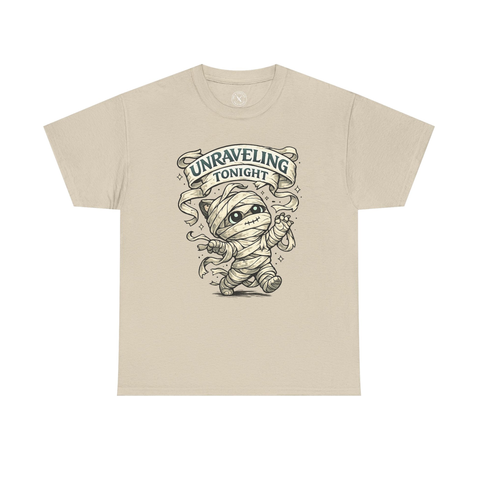 Unraveling Tonight sand beige graphic t-shirt with cute mummy character wrapped in bandages and vintage banner