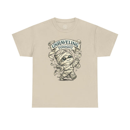 Unraveling Tonight sand beige graphic t-shirt with cute mummy character wrapped in bandages and vintage banner