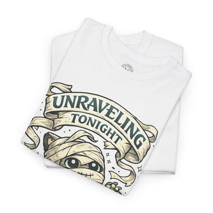 Unraveling Tonight white graphic t-shirt folded showing cute mummy with bandages and vintage banner lettering