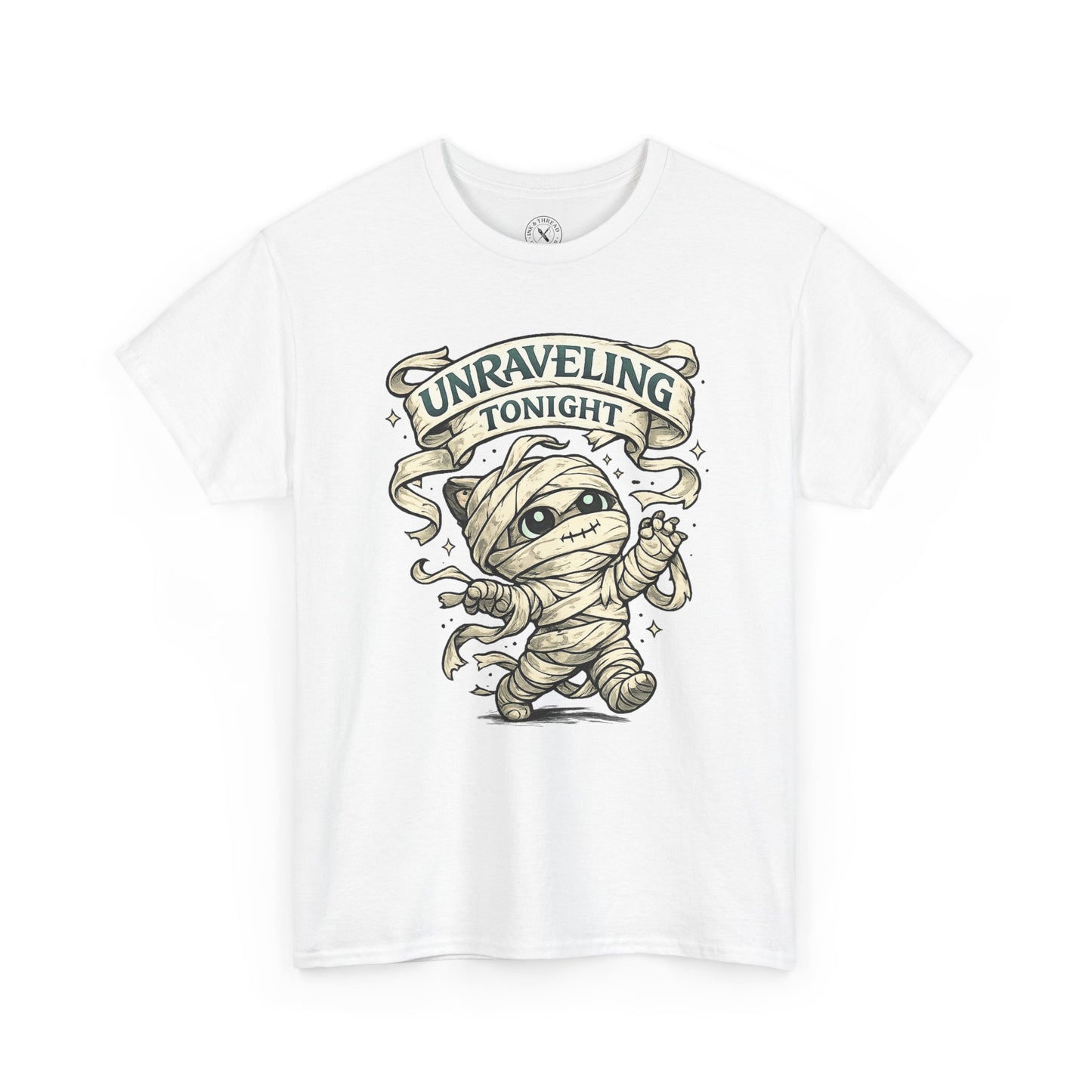 Unraveling Tonight white graphic t-shirt with cute mummy character wrapped in bandages and vintage scroll banner