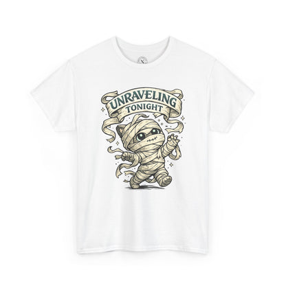 Unraveling Tonight white graphic t-shirt with cute mummy character wrapped in bandages and vintage scroll banner