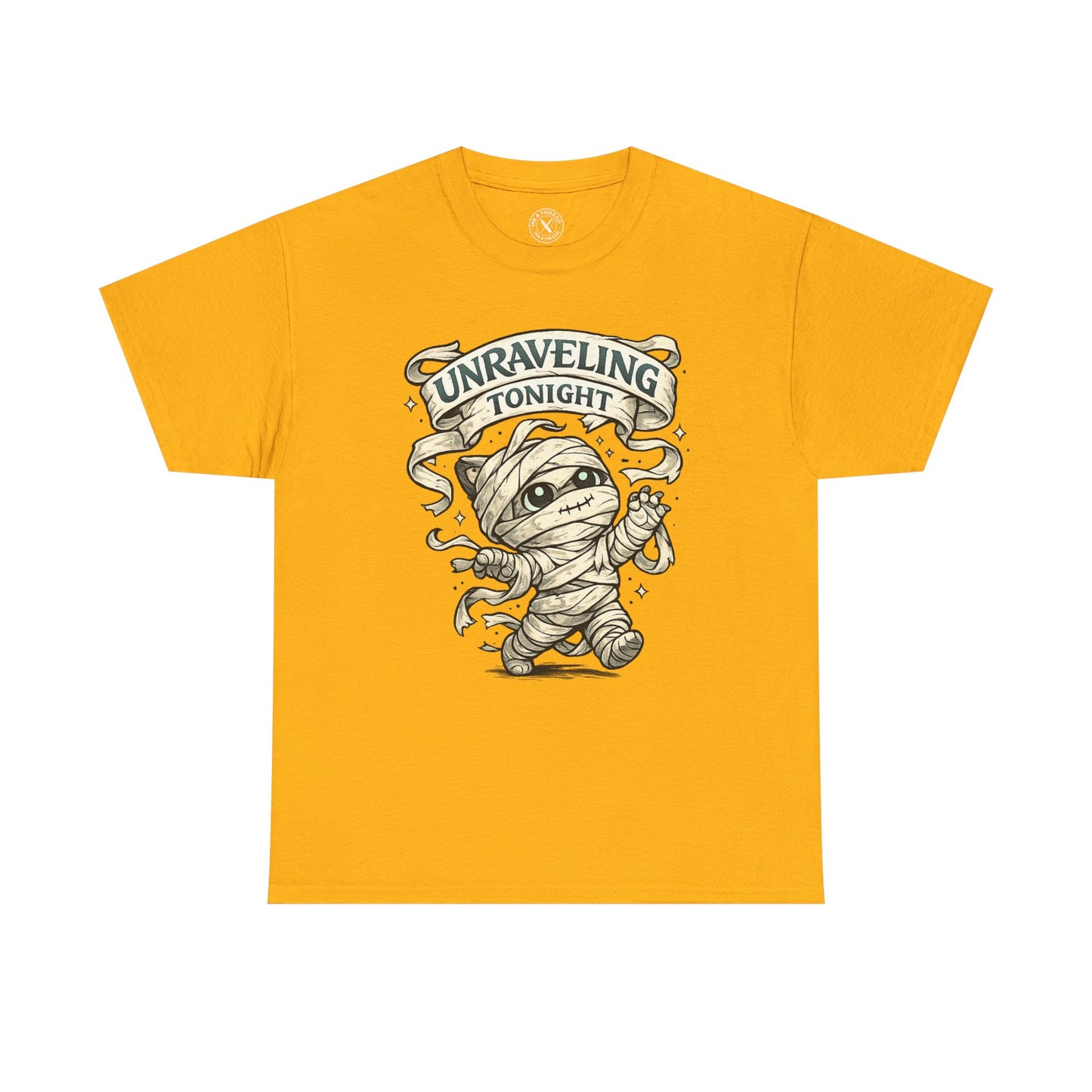 Unraveling Tonight yellow graphic t-shirt with cute mummy character in bandages and vintage scroll banner design