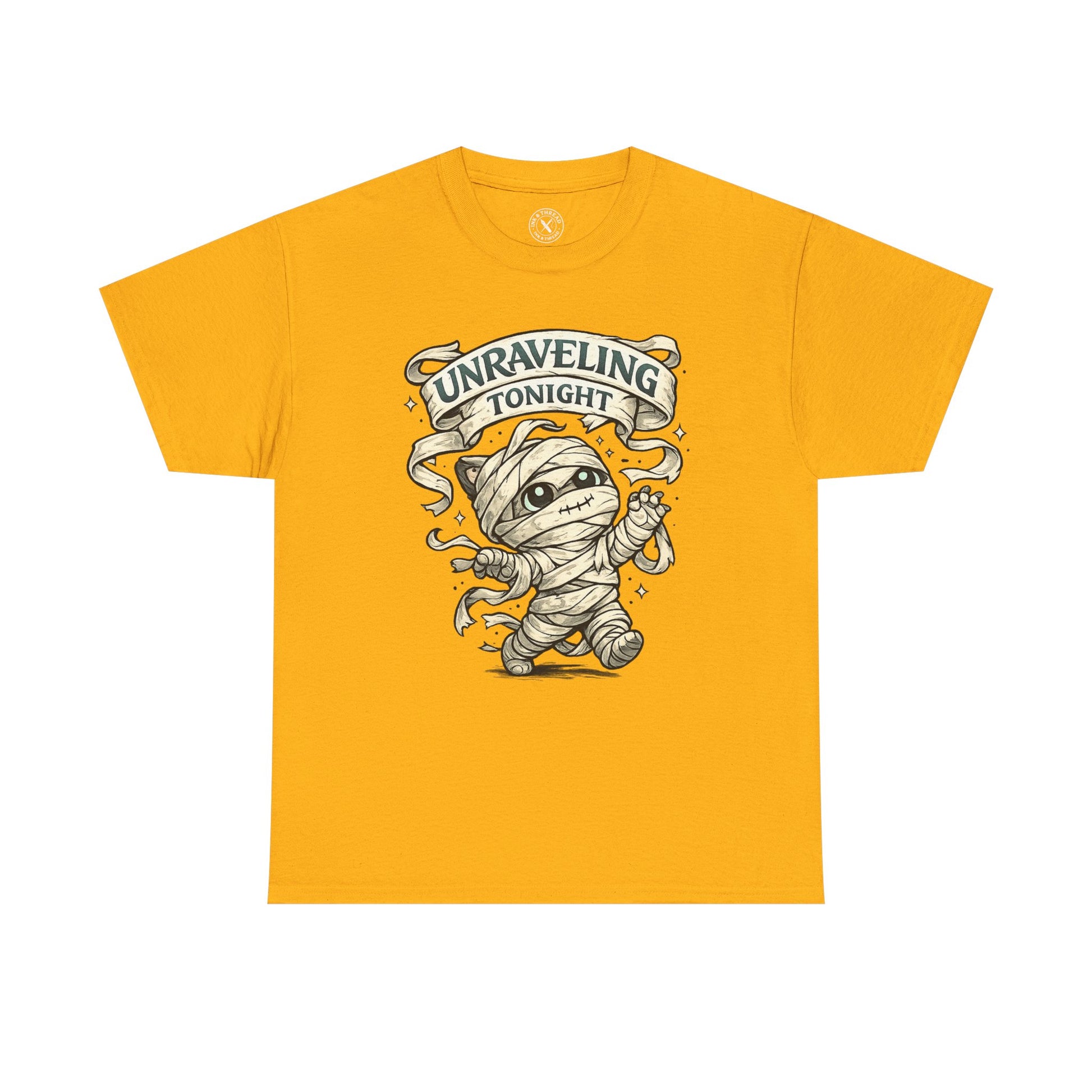 Unraveling Tonight yellow graphic t-shirt with cute mummy character in bandages and vintage scroll banner design