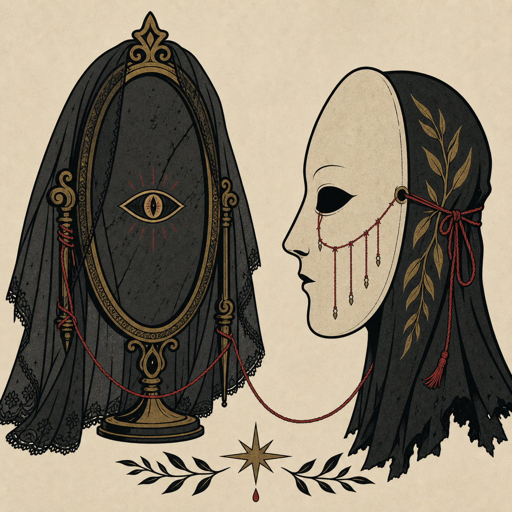 Flat veiled mirror and mask symbols with muted red and bone details.