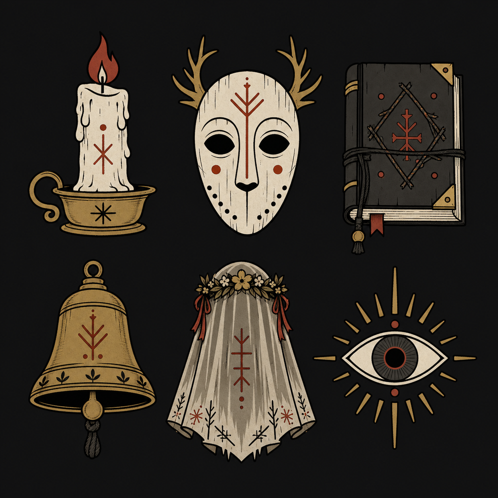 Flat folk horror symbols arranged as candle, mask, book, bell, veil and eye.