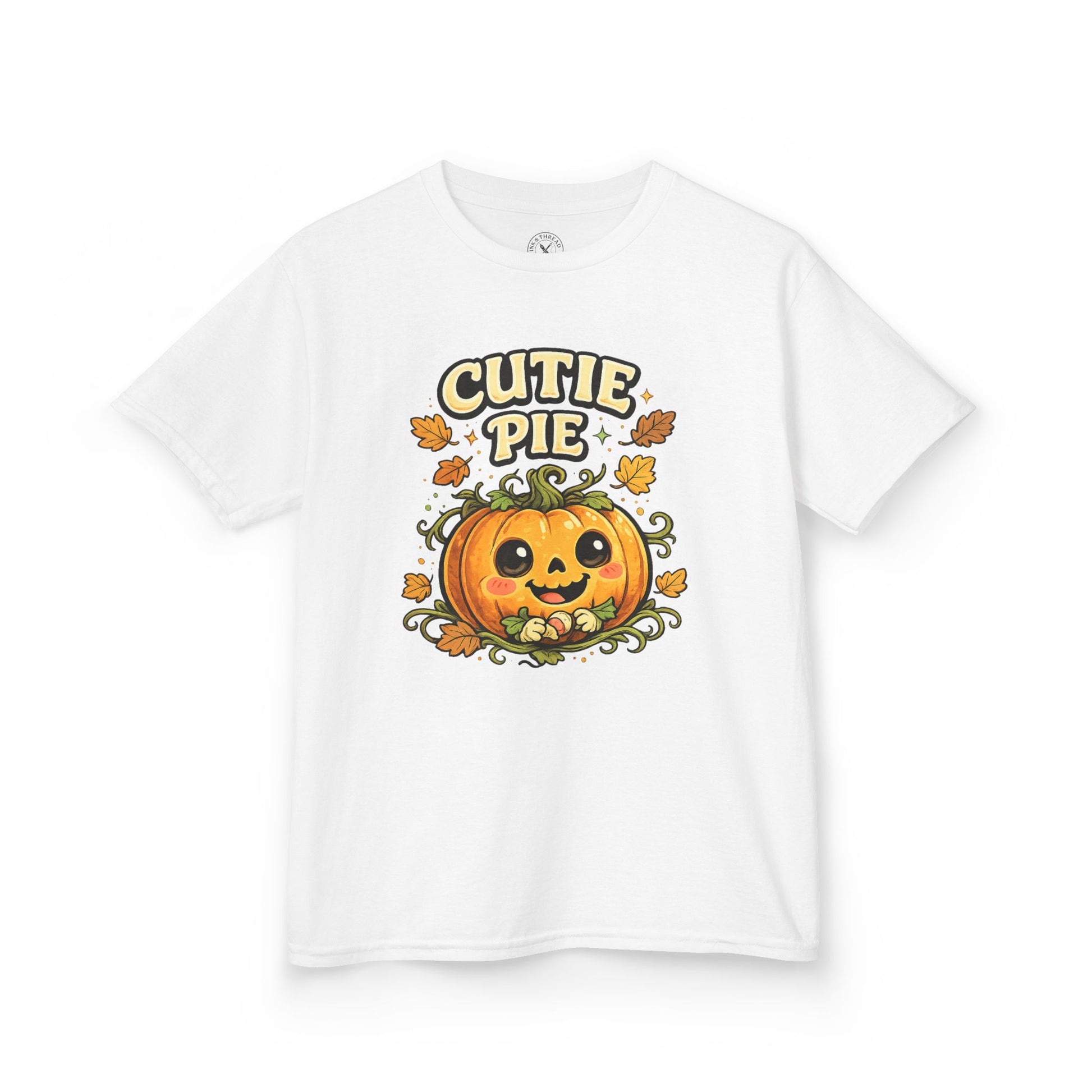 White Cutie Pie Halloween pumpkin graphic t-shirt featuring a cute smiling jack-o-lantern with autumn leaves design