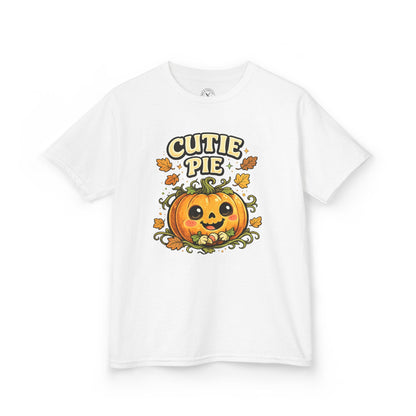 White Cutie Pie Halloween pumpkin graphic t-shirt featuring a cute smiling jack-o-lantern with autumn leaves design