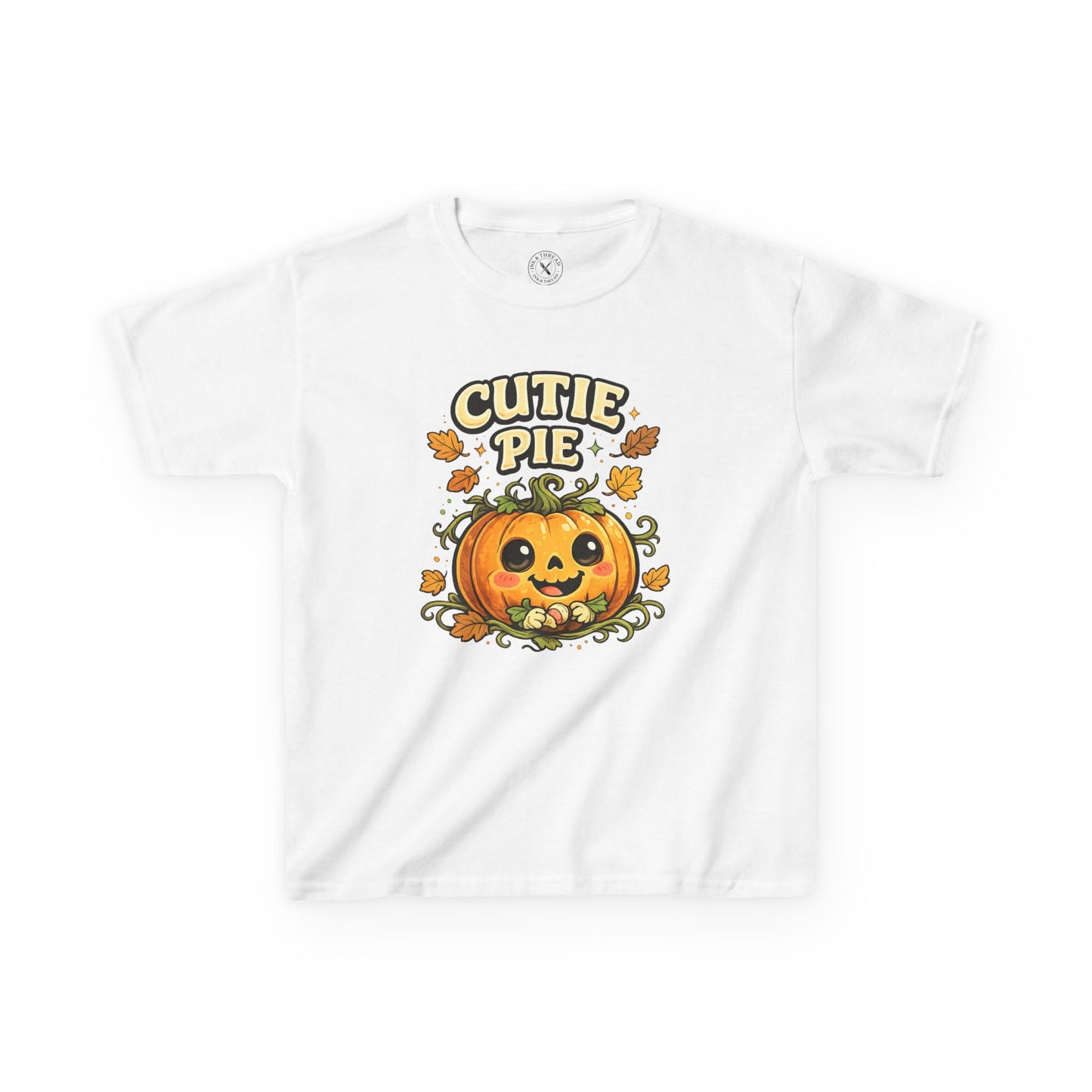 White kids t-shirt featuring a cute smiling pumpkin with Cutie Pie Halloween graphic print