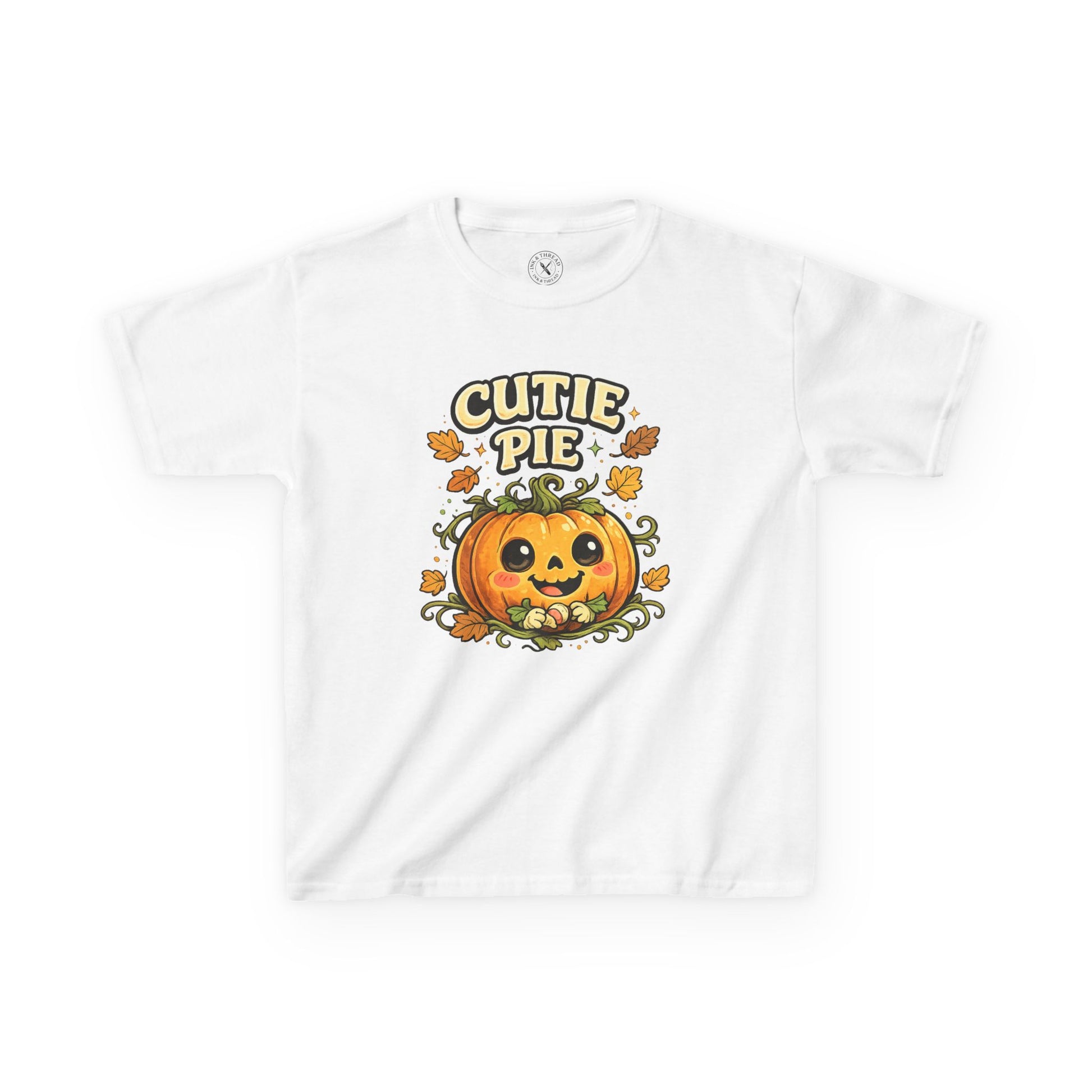 White kids t-shirt featuring a cute smiling pumpkin with Cutie Pie Halloween graphic print