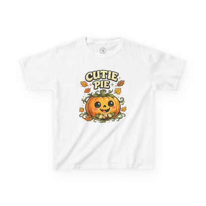 White kids t-shirt featuring a cute smiling pumpkin with Cutie Pie Halloween graphic print
