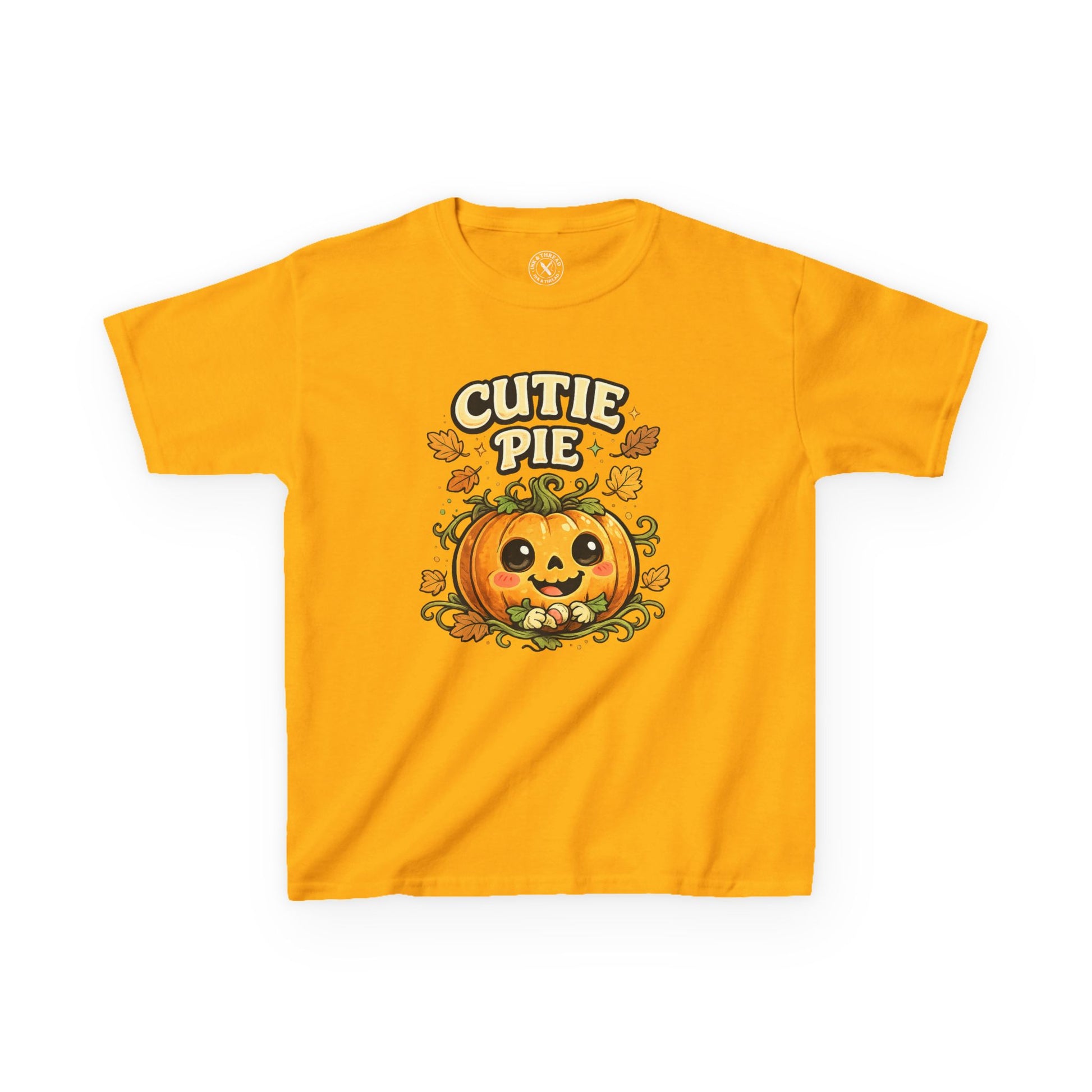 Yellow kids Cutie Pie Halloween pumpkin graphic t-shirt featuring a cute smiling jack-o-lantern with autumn leaves design